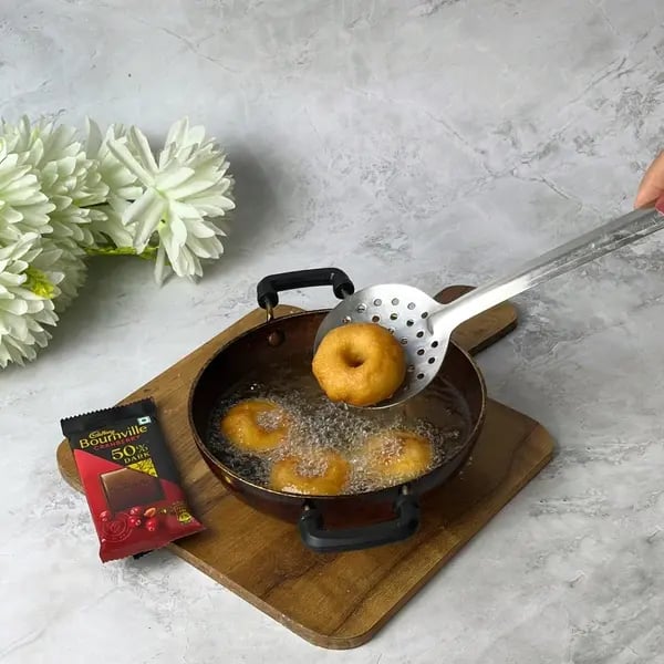 Bournville Dipped Quick Bread Donut - Frying
