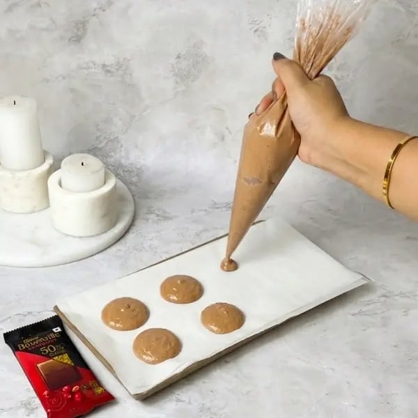 Bournville Filled Chocolate Macarons - Piped Macaron Circles