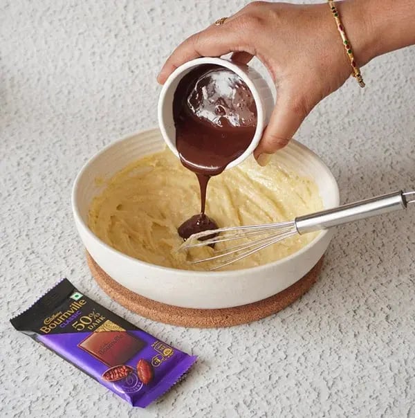 Bournville Flavored Dry Fruit Cookies - Add the melted Bournville chocolate