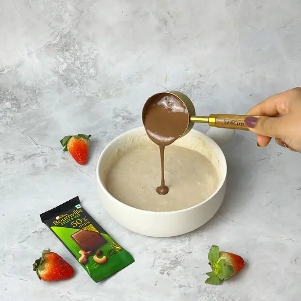 Bournville Fudgy Chocolate Steamed Cake With Strawberry - Mixing Flour Sugar Puree
