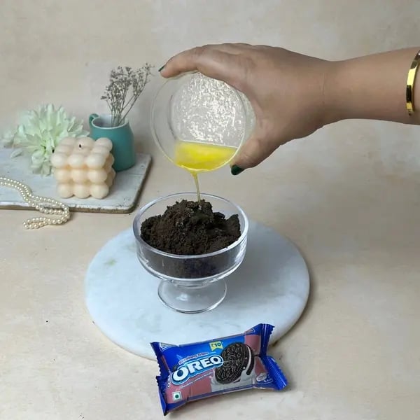 Bournville Marshmallow Oreo Crust Pie - Mixing Butter Crumbs