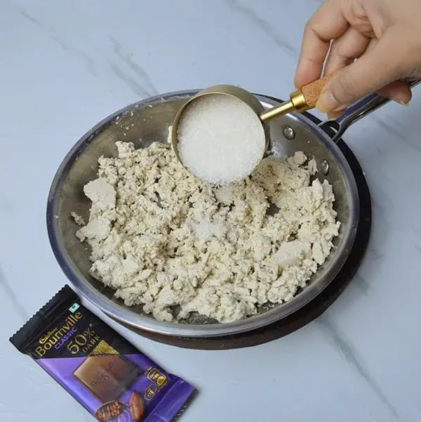 Bournville roasted almond two in one kalakand - Add ½ cup of sugar