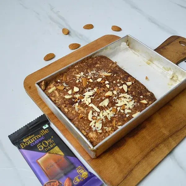 Bournville roasted almond two in one kalakand - Garnish with chopped almonds