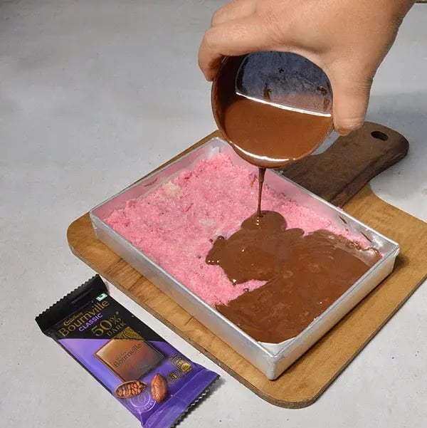 Bournville Rose Coconut Barfi - Cover the coconut layer