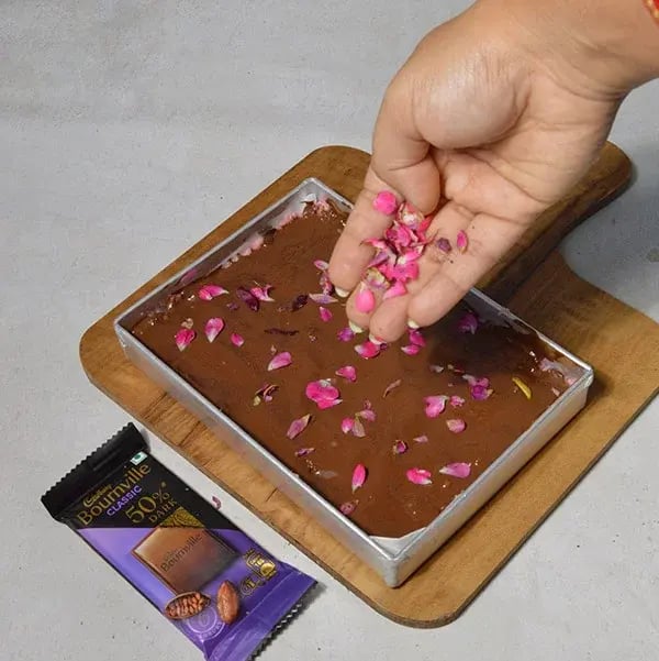 Bournville Rose Coconut Barfi - Top with rose petals