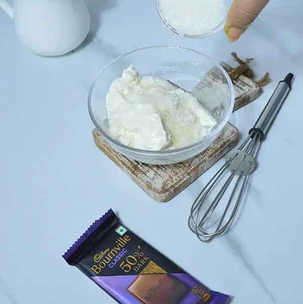 Bournville Shrikhand Chia Pudding - Add hung card &amp; sugar together