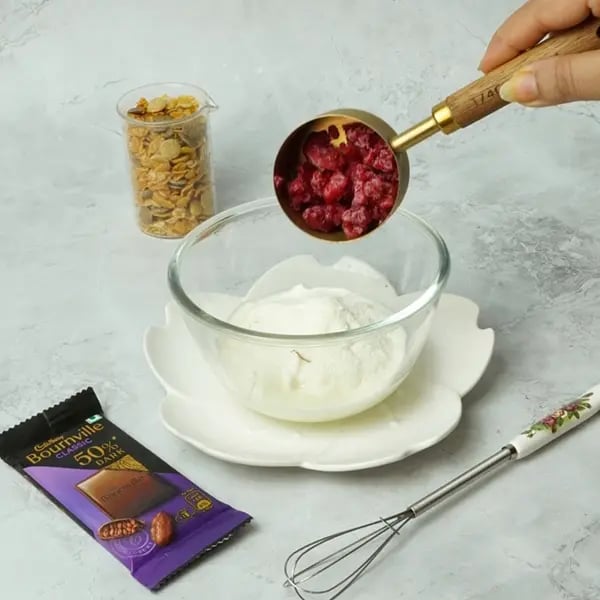 Bournville Strawberry Shrikhand Parfait-Add chopped strawberries