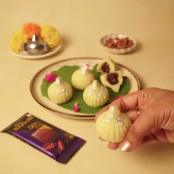 Bournville Stuffed Mawa Modak - Silver Warq Garnish