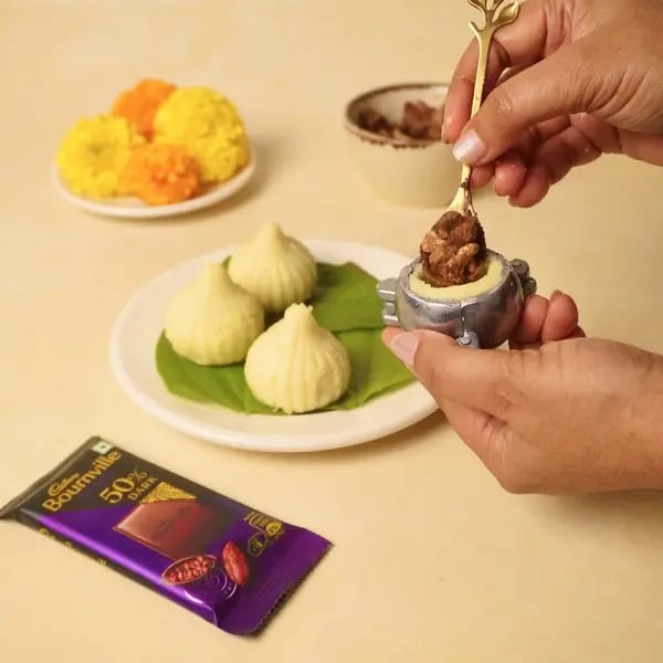 Bournville Stuffed Mawa Modak - Adding Chocolate Filling