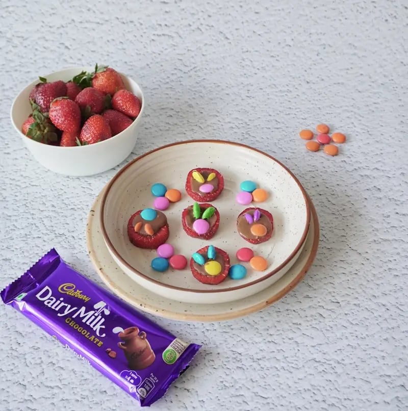 Bunny Stawey Bites with Daiy Milk and Gems Recipe