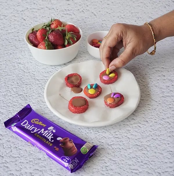 Bunny Strawberry Bites with Dairy Milk And Gems-Add Cadbury Gems like bunny face and eyes