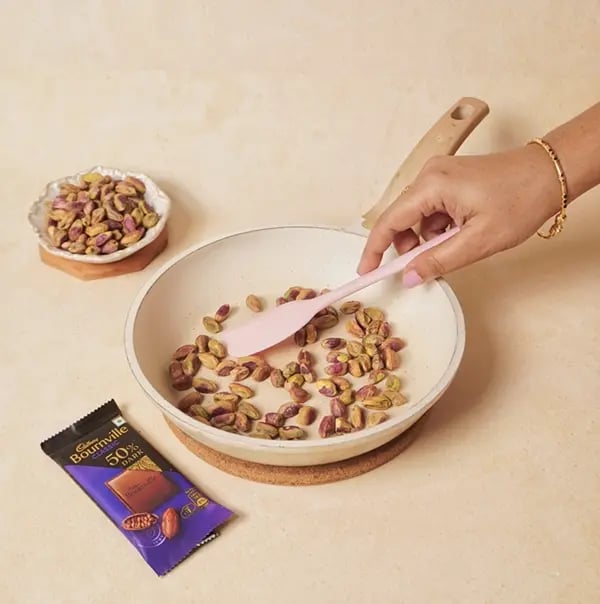 Cadbury Bournville and Pistachio Discs-Roast the pistachios