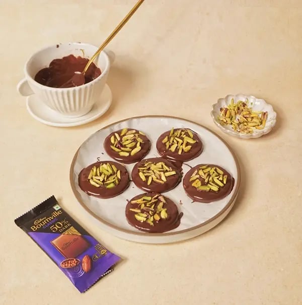 Cadbury Bournville and Pistachio Discs-Allow the chocolate to set at room temperature