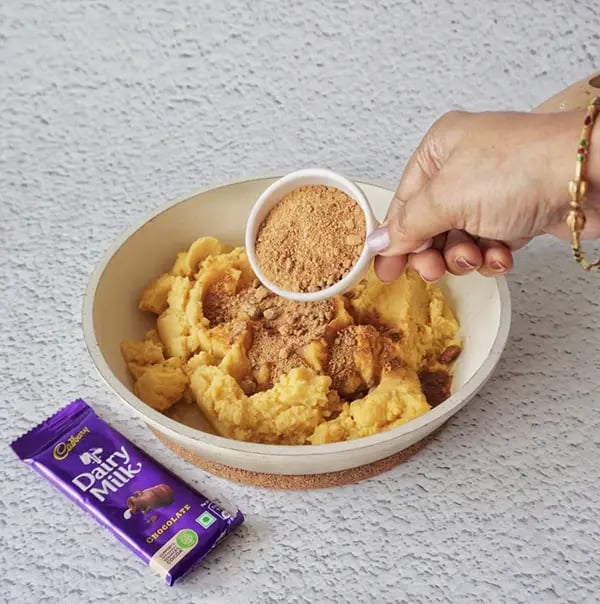 Cadbury Dairy Milk Puran Poli with Cashews and Almonds - Add the mashed dal and jaggery