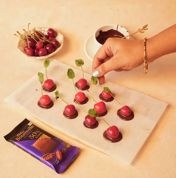 Cherry Notes On A Plate With Cadbury Bournville-Carefully press a mint leaf