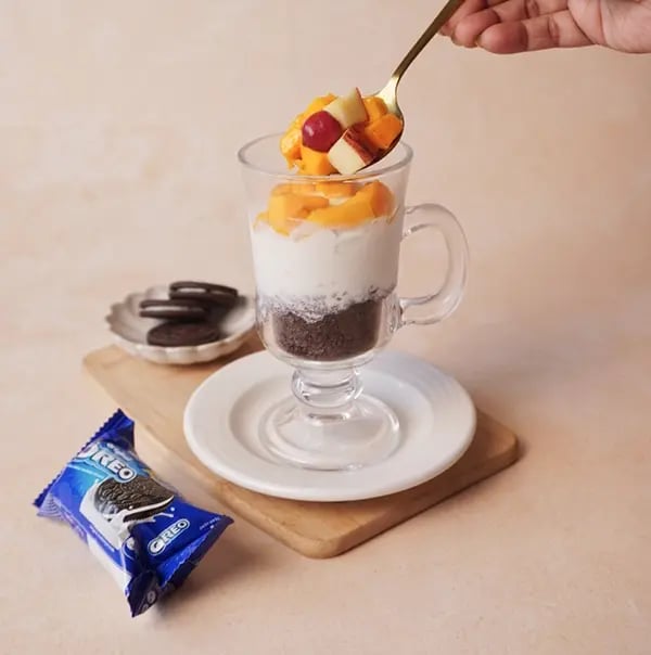 Chocolate and Oreo Fruit Parfait-Top with a generous amount of chopped fruits