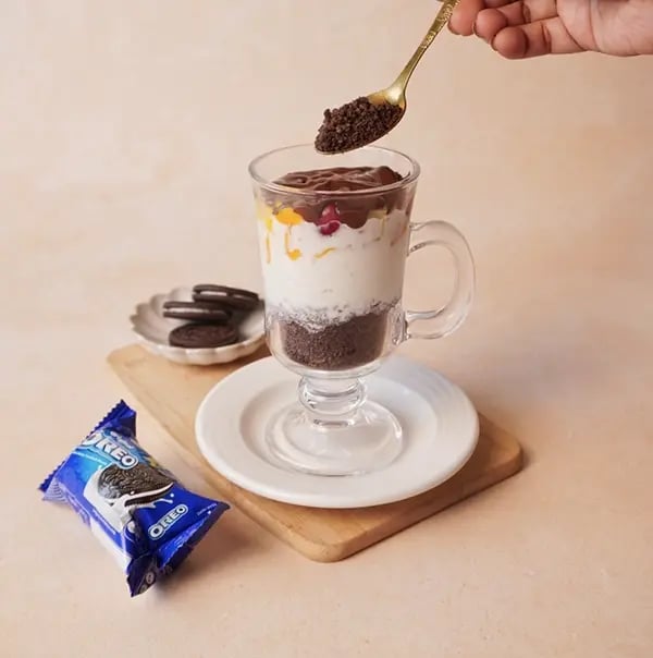 Chocolate and Oreo Fruit Parfait-Repeat the Oreo and chocolate layers