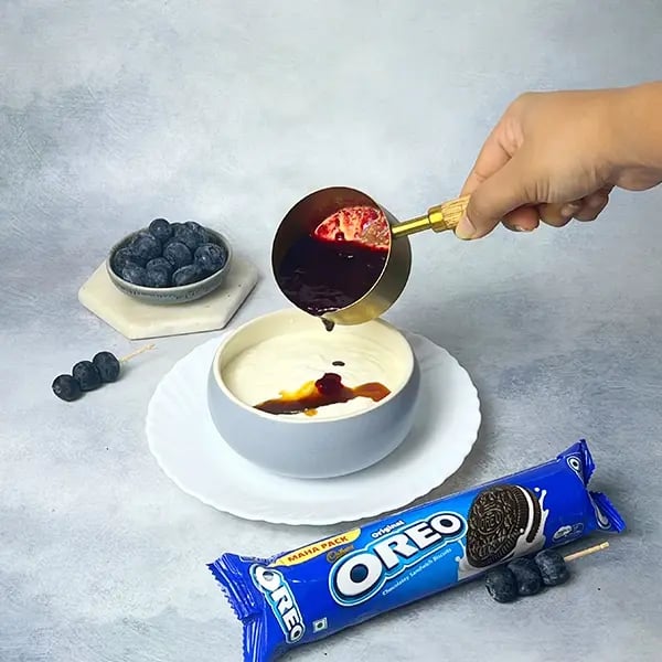 Chocolate Blueberry Yogurt With Oreo Crust-In a bowl mix blueberry syrup