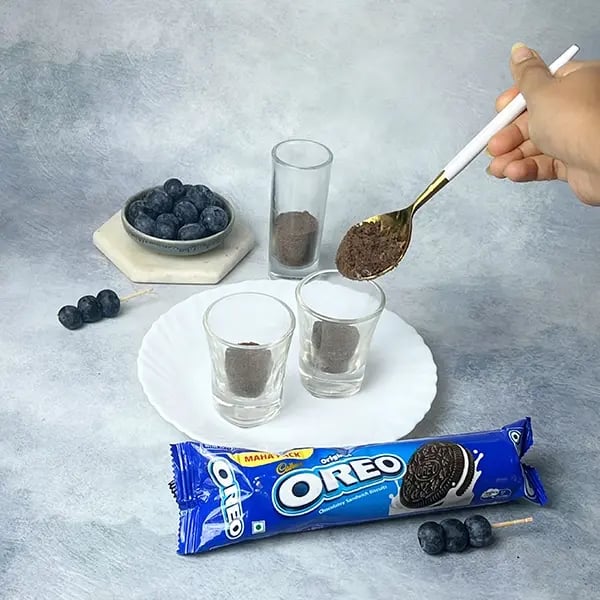 Chocolate Blueberry Yogurt With Oreo Crust-Transfer the powdered Oreo into a short glass