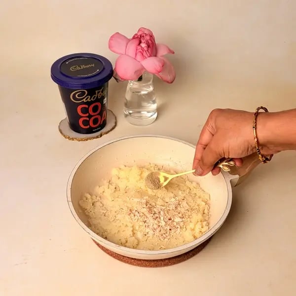 Chocolate Coconut Modak With Cadbury Cocoa Powder For Ganpati Bappa - Mixing Nuts Cardamom