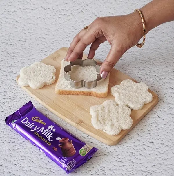 Chocolate Daisy Sandwich Appetizers with Gems - Cut bread slices into flower shapes