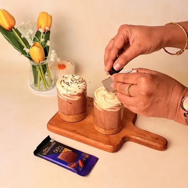 Chocolate Khoya Kheer Cheesecake Cups: A Creamy Indian Fusion Dessert For Navratri - Garnishing With Chocolate Shavings