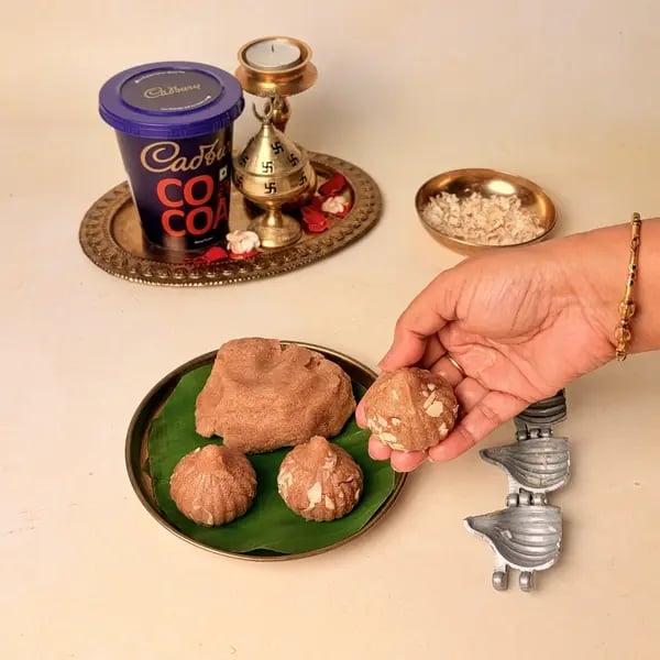 Chocolate Rava Modak With Cadbury Cocoa Powder For Ganpati Bappa - Demoulded Modak Arranged