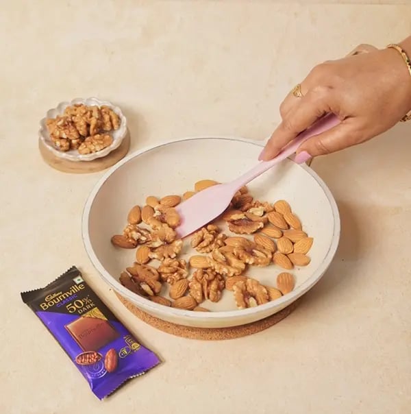 Chocolate Walnut Almond Fudge with Cadbury Bournville-Spread the almonds and walnuts