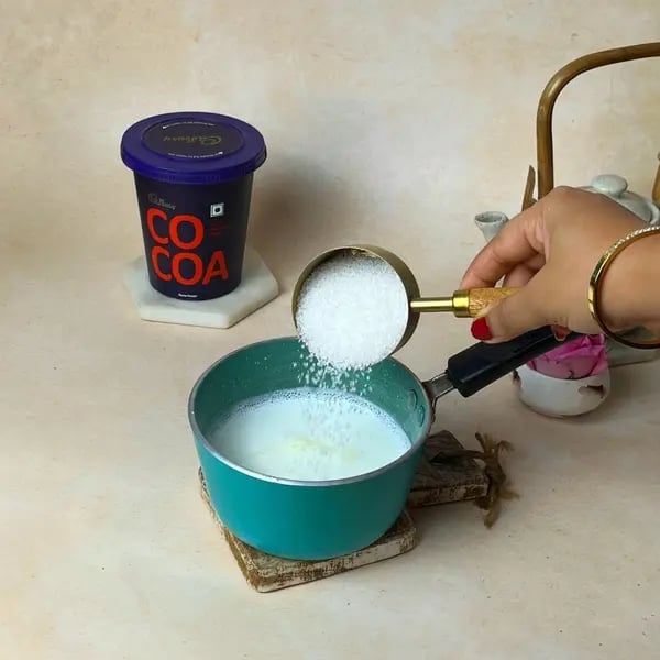 Cocoa Bournville Chocolate Nobake Biscuit Cake - Sugar And Milk Mixing