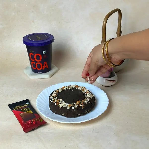 Cocoa Bournville Chocolate Nobake Biscuit Cake - Roasted Almonds Garnish