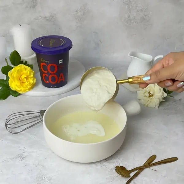 Cocoa Malt Cake - Adding Curd To Bowl