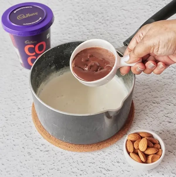 Cold Cocoa with Nuts & Dates - Heat milk in a pan