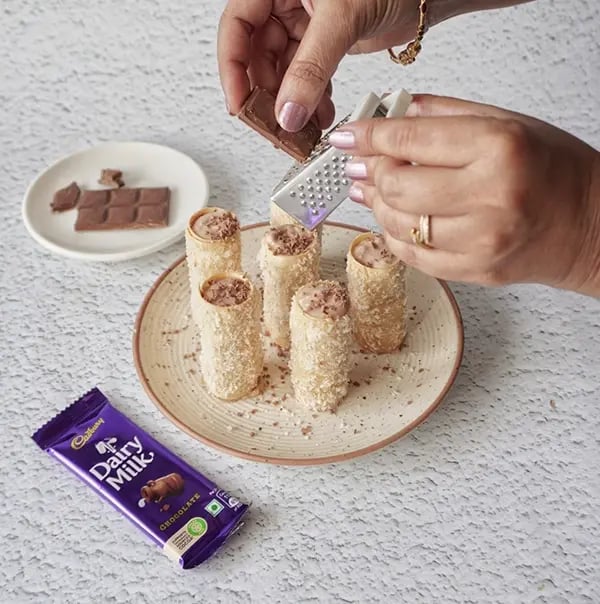 Crispy Rolls with Coconut and Dairy Milk Chocolate- Sprinkle chocolate shavings