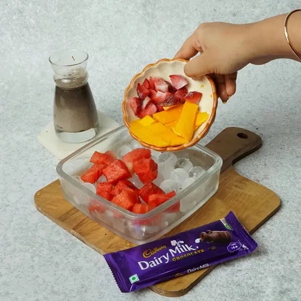 Dairy Milk Chocolate Pearl Mixed Fruit Hwachae-Next add chopped mangoes and strawberries