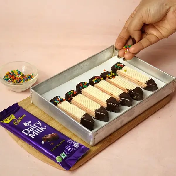 Dairy Milk Dipped Pencil Shape Wafer Cookies For Teacher’s Day - Decorate with sprinkles