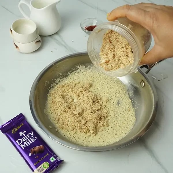 Dairy Milk Drizzle Walnut Kesar Barfi - Now add ground walnuts