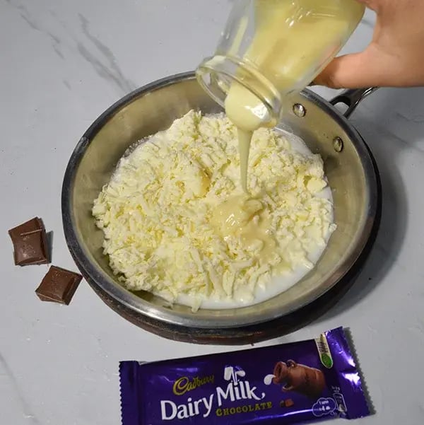 Dairy Milk Infused Thandai Kalakand - Keep stirring frequently