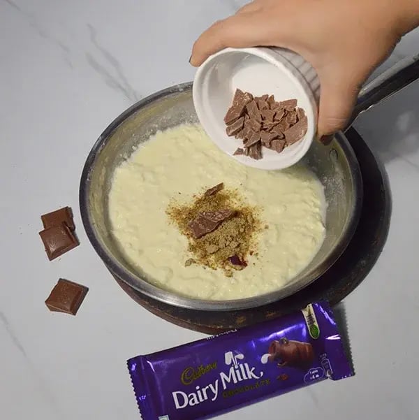 Dairy Milk Infused Thandai Kalakand - Add the chopped chocolate
