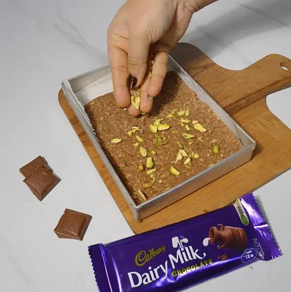 Dairy Milk Infused Thandai Kalakand - Sprinkle Pistachios