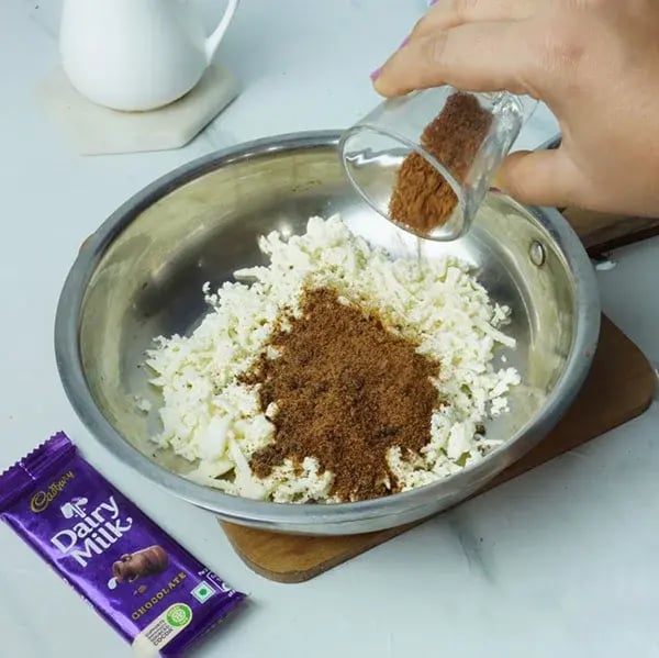 Dairy Milk Jaggery Sandesh with Cardamom - Mix the grated cheese
