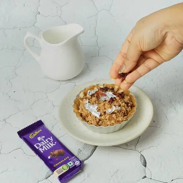 Dairy Milk Kalakand Tart-Decorate the top with rose petals and silver vark