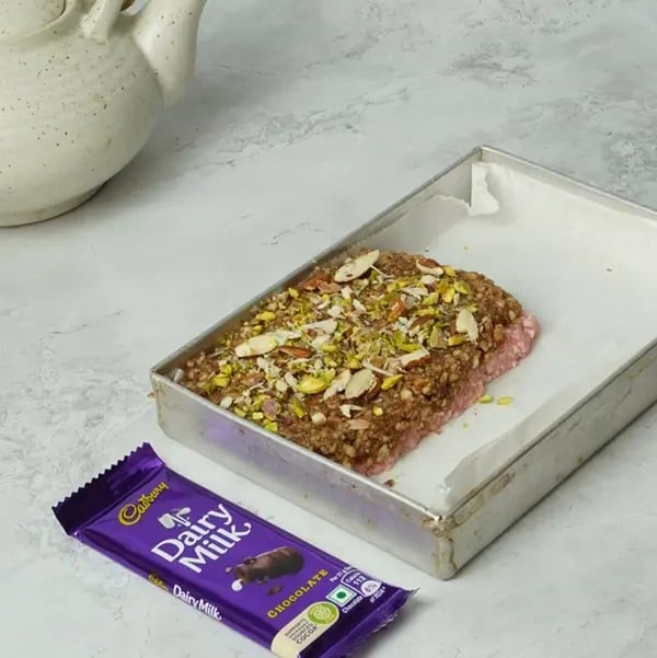 Dairy Milk Rose Kalakand-Garnish the top with some chopped dry fruits