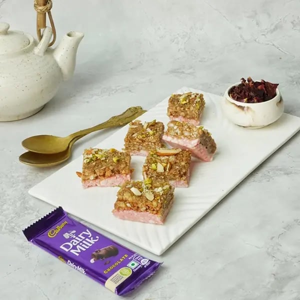 Dairy Milk Rose Kalakand-Once set cut into square pieces