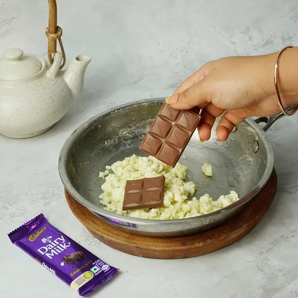 Dairy Milk Rose Kalakand-Mix thoroughly until the chocolate melts