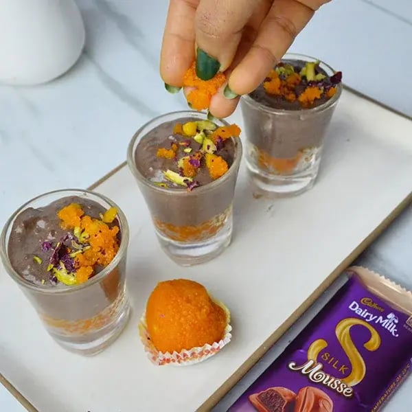 Dairy Milk Silk Motichoor Rabdi Parfrait - Garnish with some chopped dry fruits