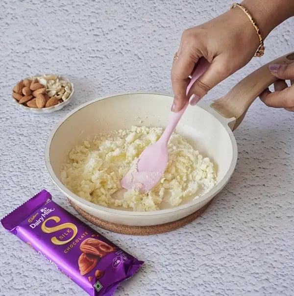 Dairy Milk Silk Peda with Almonds & Cashews-Stir continuously on low flame