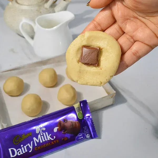 Dairy Milk Stuffed Chocolate Shortbread Cookies - Insert Dairy Milk chocolate