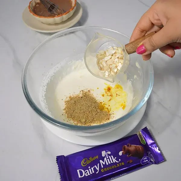 Dairy Milk Thandai Mousse With Cashew Crunch - Chopped cashews