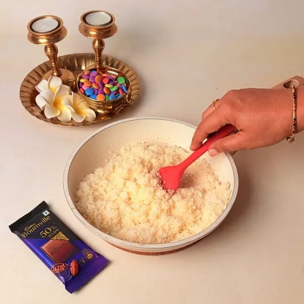 Diwali Special Chocolate Coconut Barfi With A Cadbury Twist - Toasting Coconut In Pan