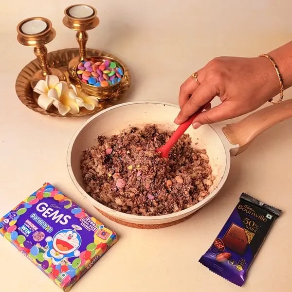 Diwali Special Chocolate Coconut Barfi With A Cadbury Twist - Mixing Gems Evenly